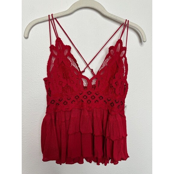 Free People Small Adella Cami Lace Tank Top Cherry Red Ruffled Peplum Hem NWT - Picture 4 of 13